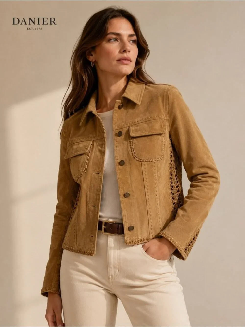 Danier Tan Suede Leather Jacket Crochet Trim Button Front Women’s Medium